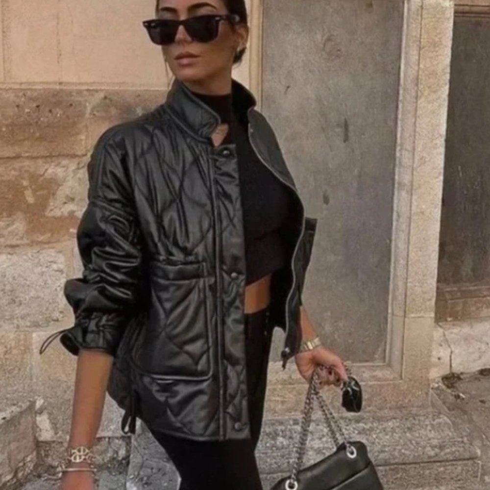 Zara Vegan Leather Quilted Padded Puffer Jacket Blogger Fav Black Sz Small